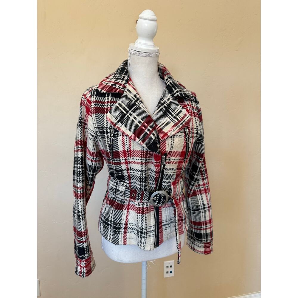 Plaid Moto Jacket Red Black Cream Belted Wool Blend Cato Small Zip Front Lined - Picture 3 of 12